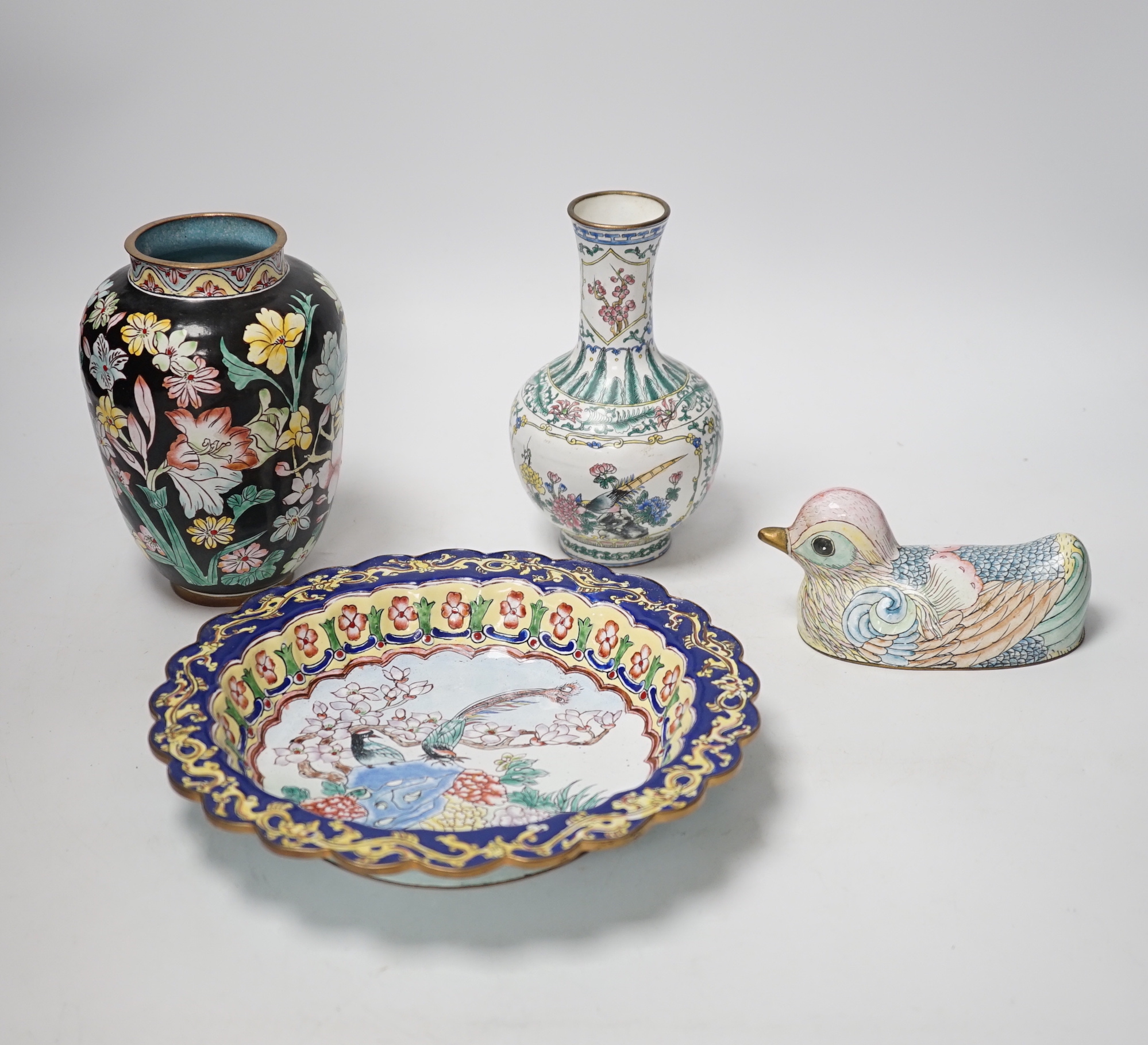 Two Chinese Canton (Guangzhou) enamel vases, a bowl and a 'duck' box and cover (4)